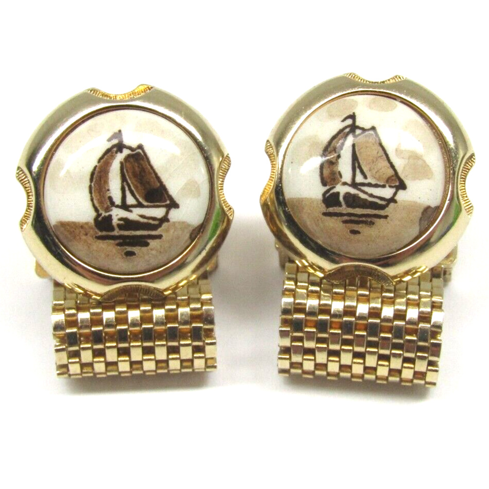 Cufflinks Porcelain Sail Boat Gold Mesh Wrap Around Vtg Men Formal Wear